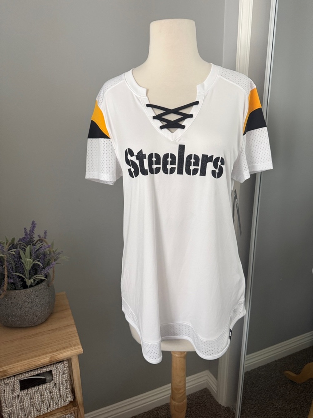 Fanatics White Lace-Up Steelers V-Neck Top with Yellow & Black Accents